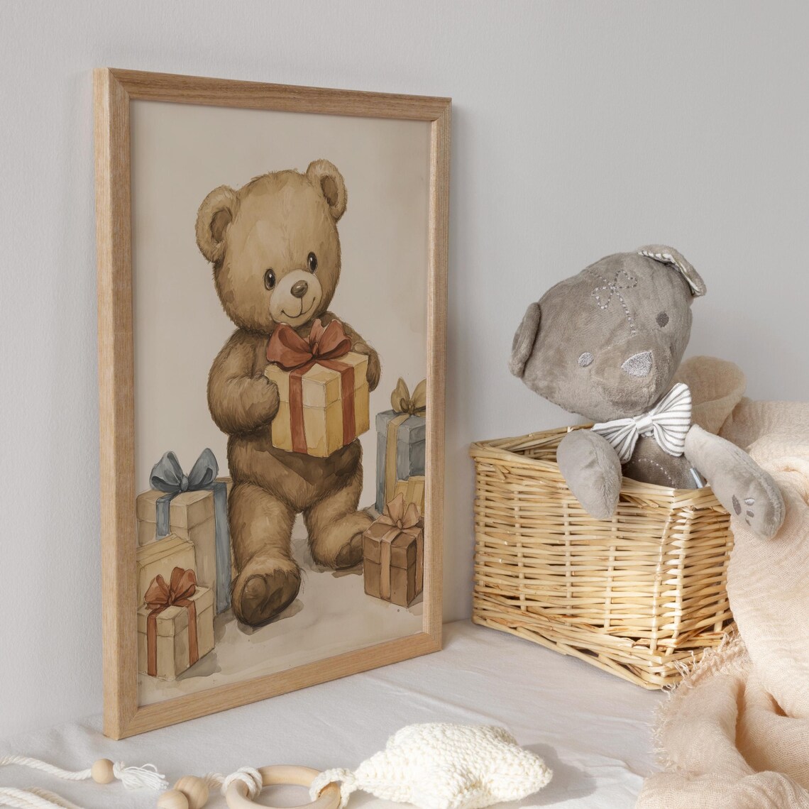 Teddy Bear Holding Gift Box Surrounded by Presents Watercolor Poster - Image 3