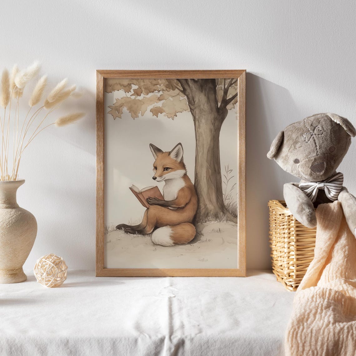 Red Fox Reading Book Leaning Against Tree Autumn Watercolor Poster - Image 2