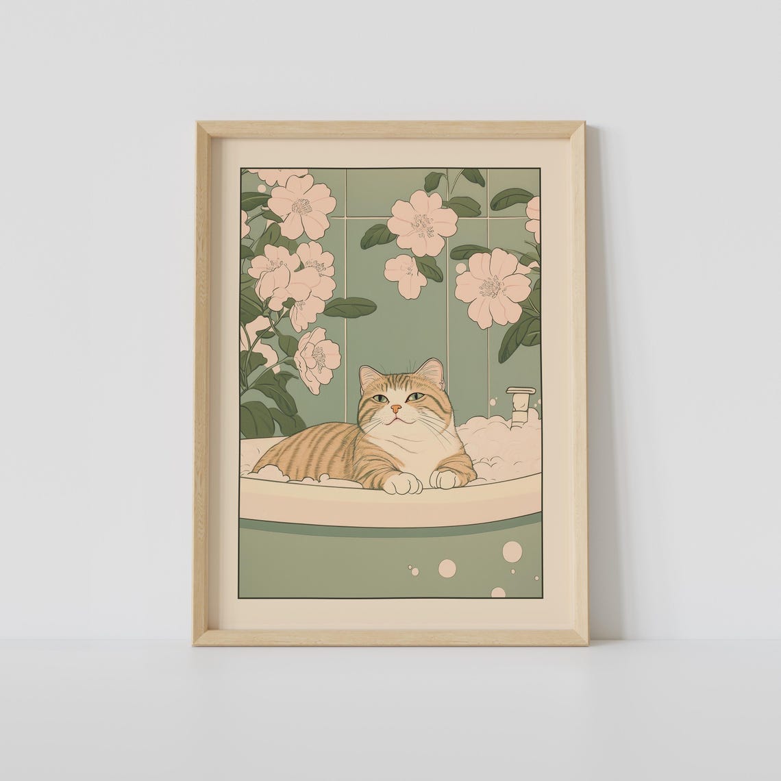 Tabby Cat Lounging in Bubble Bath Beneath Blossom Vines Poster