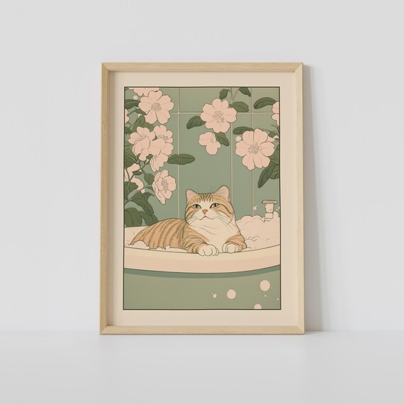 Tabby Cat Lounging in Bubble Bath Beneath Blossom Vines Poster