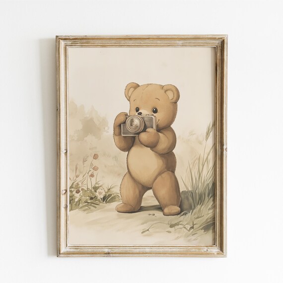 Teddy Bear Photographer Holding Vintage Camera in Meadow Poster