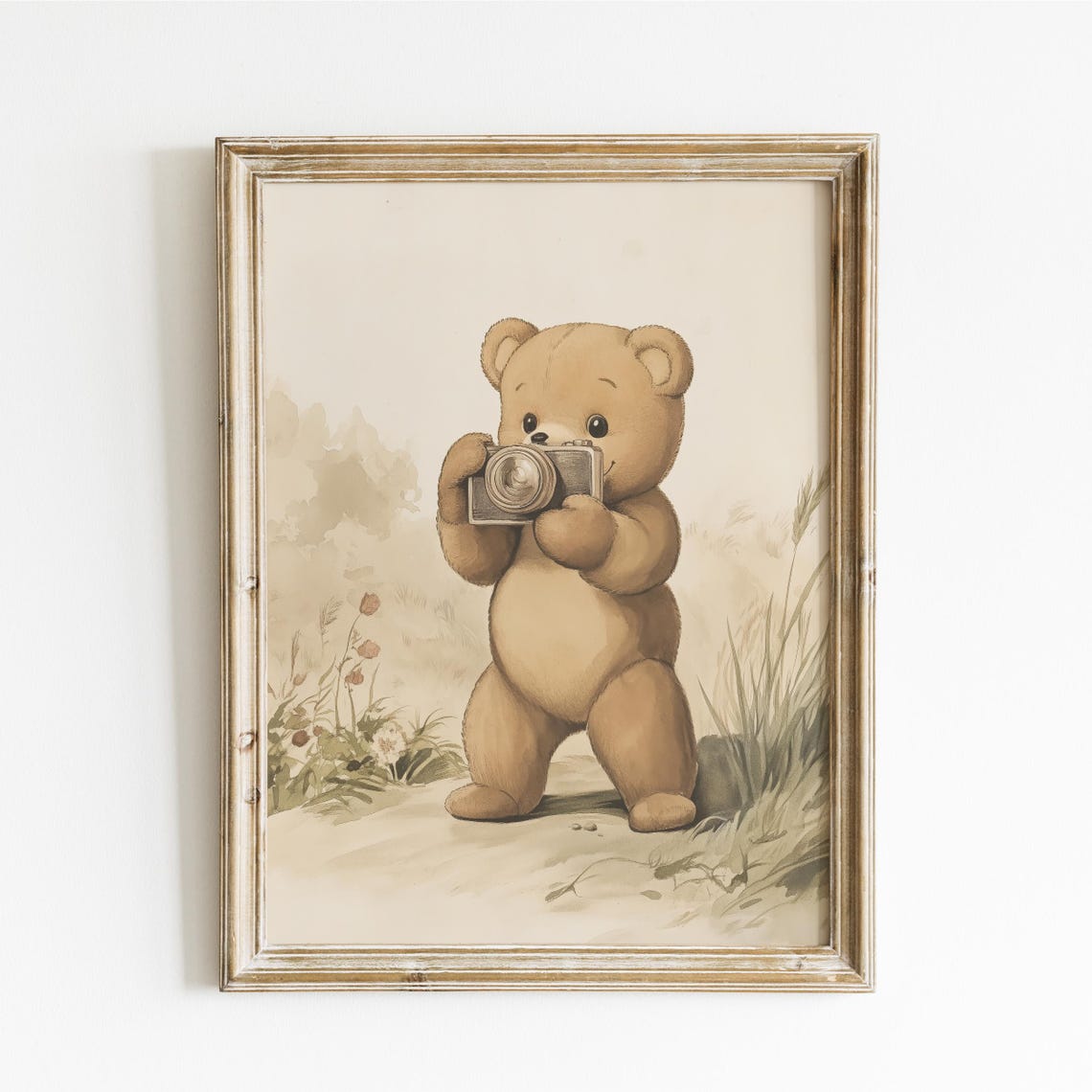 Teddy Bear Photographer Holding Vintage Camera in Meadow Poster