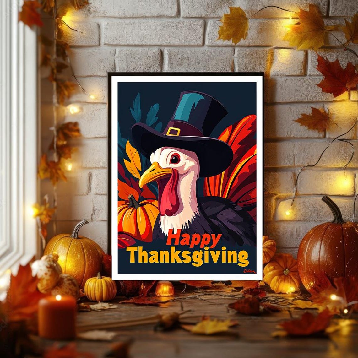 Happy Thanksgiving Turkey in a Pilgrim Hat Pumpkin Harvest Poster - Image 2