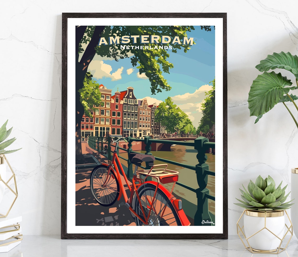 Amsterdam Netherlands Red Bicycle Canal Bridge Scene Travel Poster