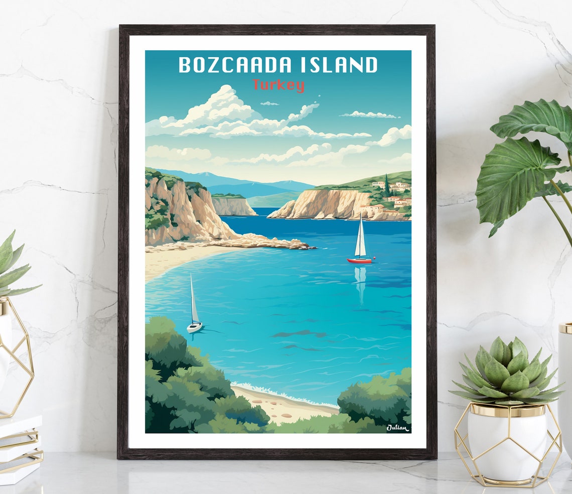 Bozcaada Island Turkey Turquoise Bay Sailboats Cliffs Travel Poster