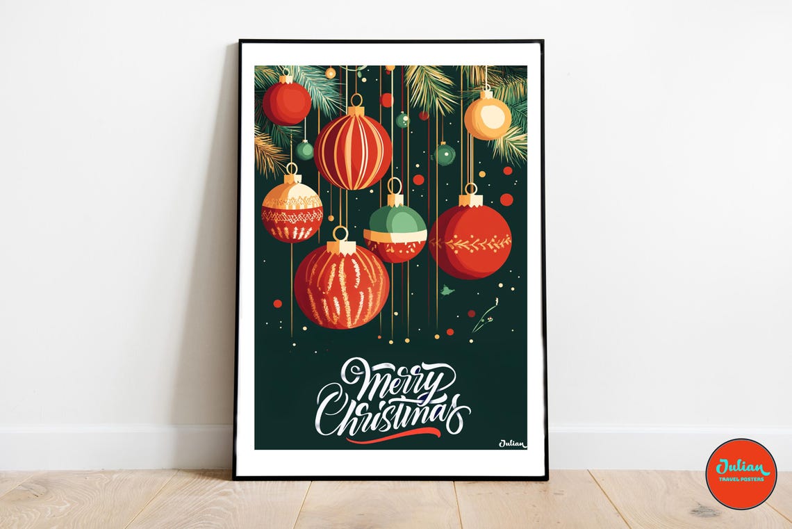Merry Christmas Hanging Ornaments Pine Branch Holiday Poster