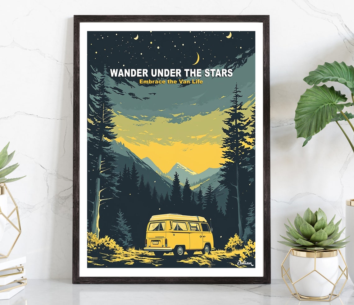 Wander Under the Stars Yellow Camper Van Night Forest Poster