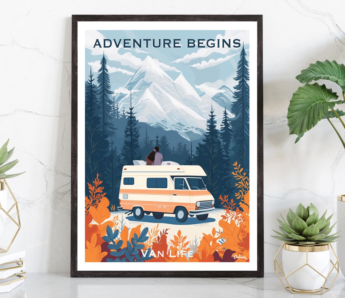 Adventure Begins Sunny Retro Camper Van Mountain Road Trip Poster