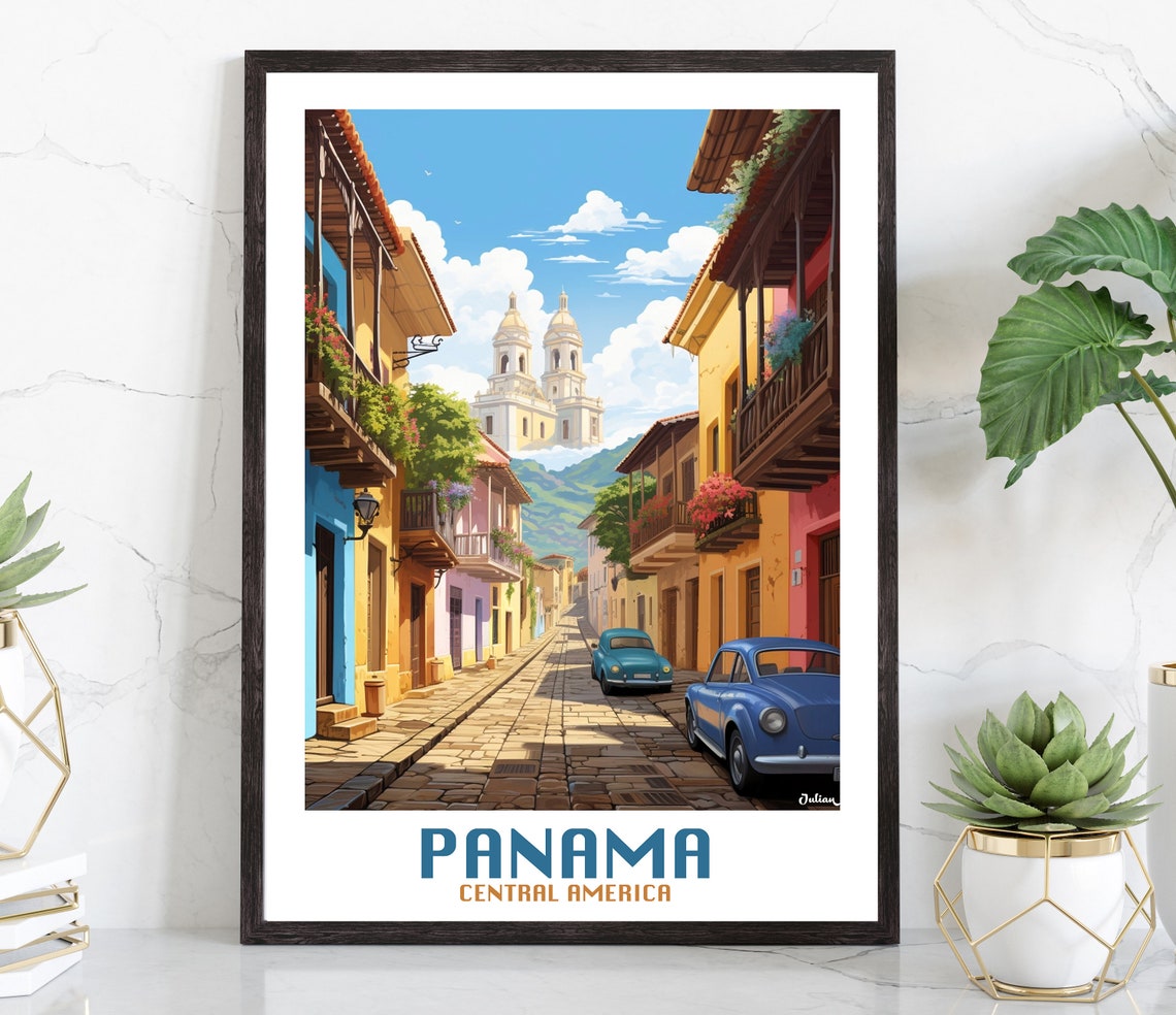 Panama Central America Colonial Cobblestone Street Travel Poster
