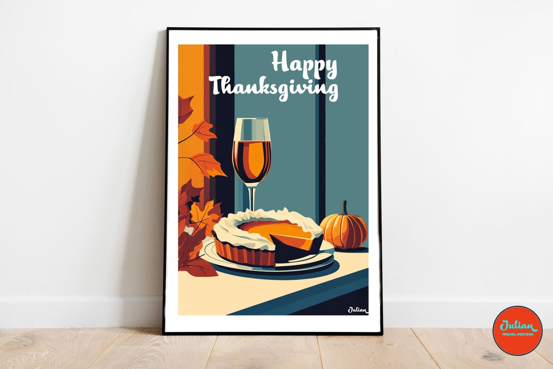 Happy Thanksgiving Pumpkin Pie and Wine in Art Deco Style Poster