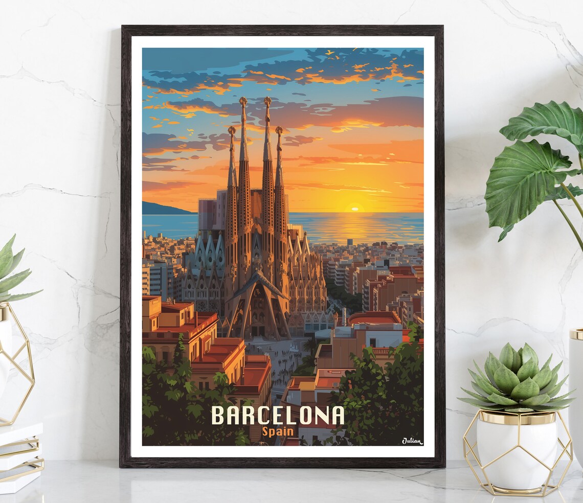 Barcelona Spain Sagrada Familia Sunset City View Travel Poster