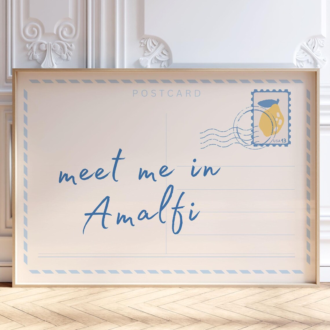 Meet Me In Amalfi Blue Postcard Travel Print Lemon Stamp Decor
