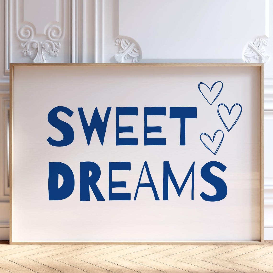 Sweet Dreams Blue Typography Hearts White Nursery Bedroom Quote Poster