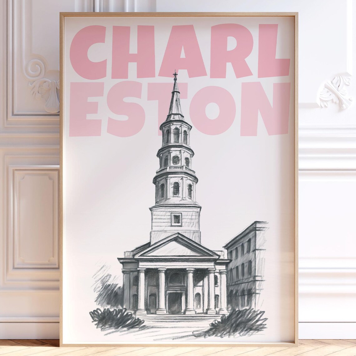 Charleston Pink Typography Church Steeple Sketch Retro Travel Poster