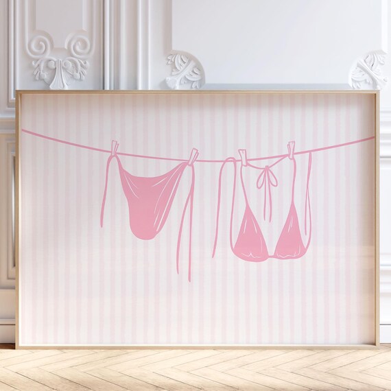 Pink Bikini Clothesline Line Art Preppy Girly Swimwear Poster