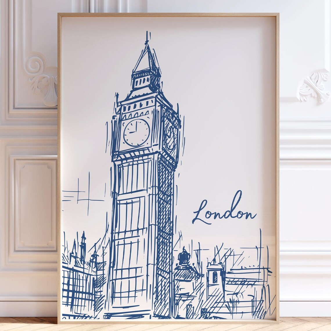 London England Big Ben Clock Tower Navy Sketch Travel Poster