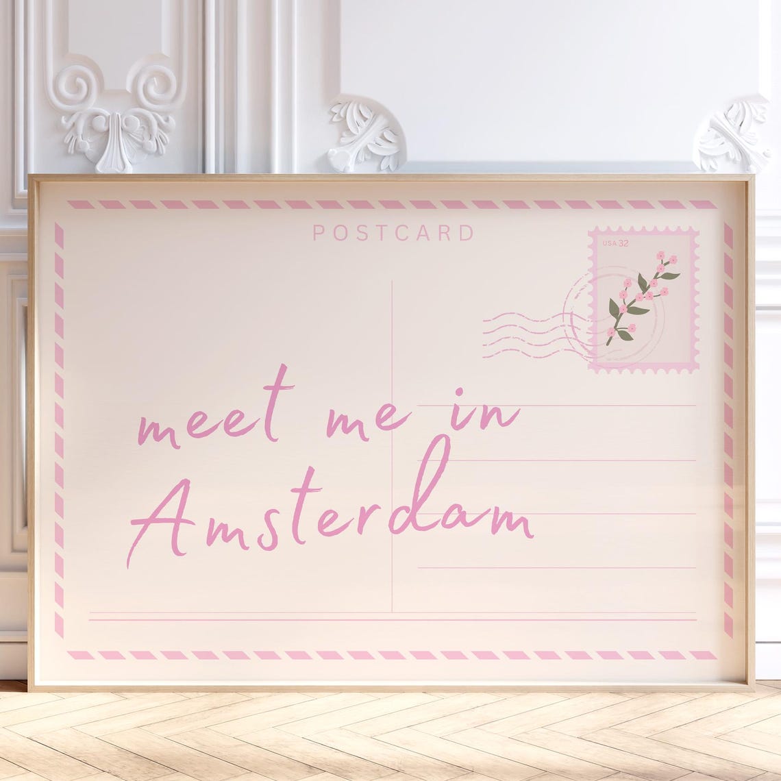 Amsterdam Pink Postcard Script Wanderlust Typography Art Print