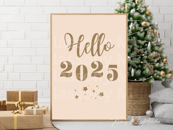 Hello 2025 Elegant Gold Script Stars New Year Celebration Wall Art