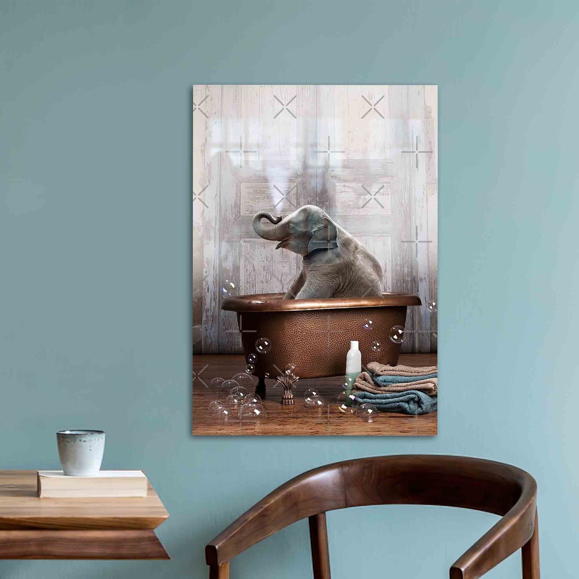 Cute Baby Elephant Bubble Bath Vintage Bathroom Humor Art Poster