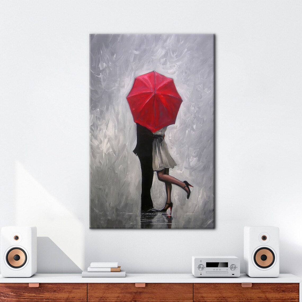 Romantic Couple Kissing Under Red Umbrella Moody Gray Art Poster