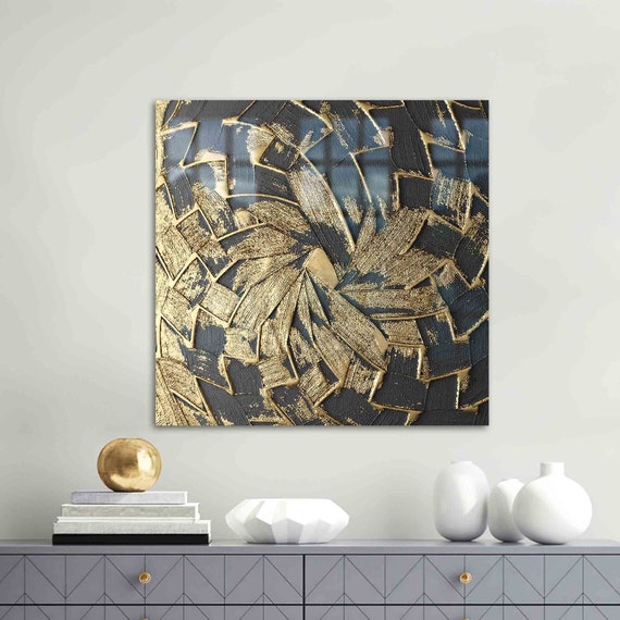 Wall Decoration Glass Printing Art Blue And Gold Painting Modern Abstract Shimmery