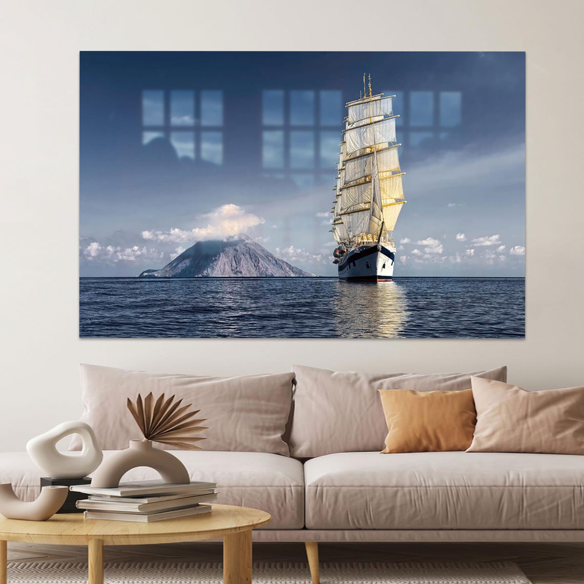 Tall Ship Sailing Past a Volcanic Island Across Open Sea Poster