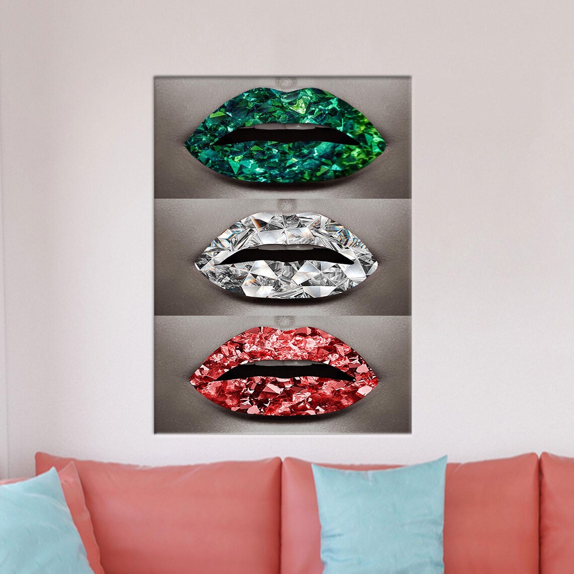 Jeweled Lips Trio Green Diamond Red Crystal Modern Glam Art Print