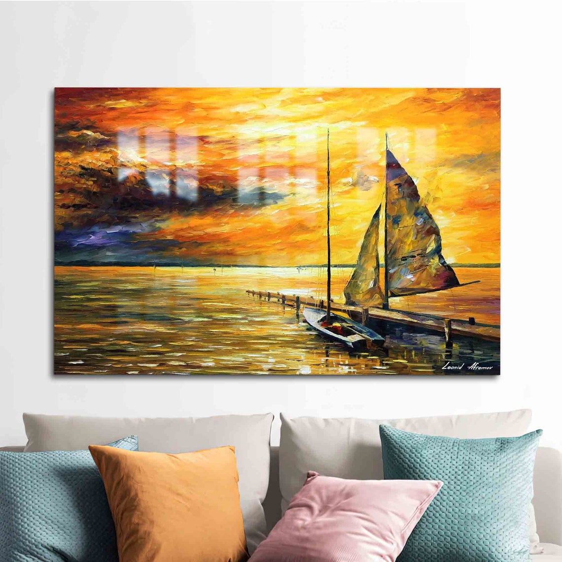 Sailboat Moored at a Dock in a Golden Sunset by Leonid Afremov Poster