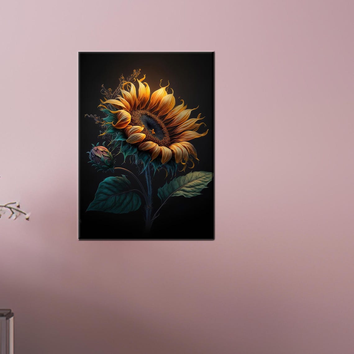 Dramatic Sunflower On Black Background Moody Botanical Art Poster