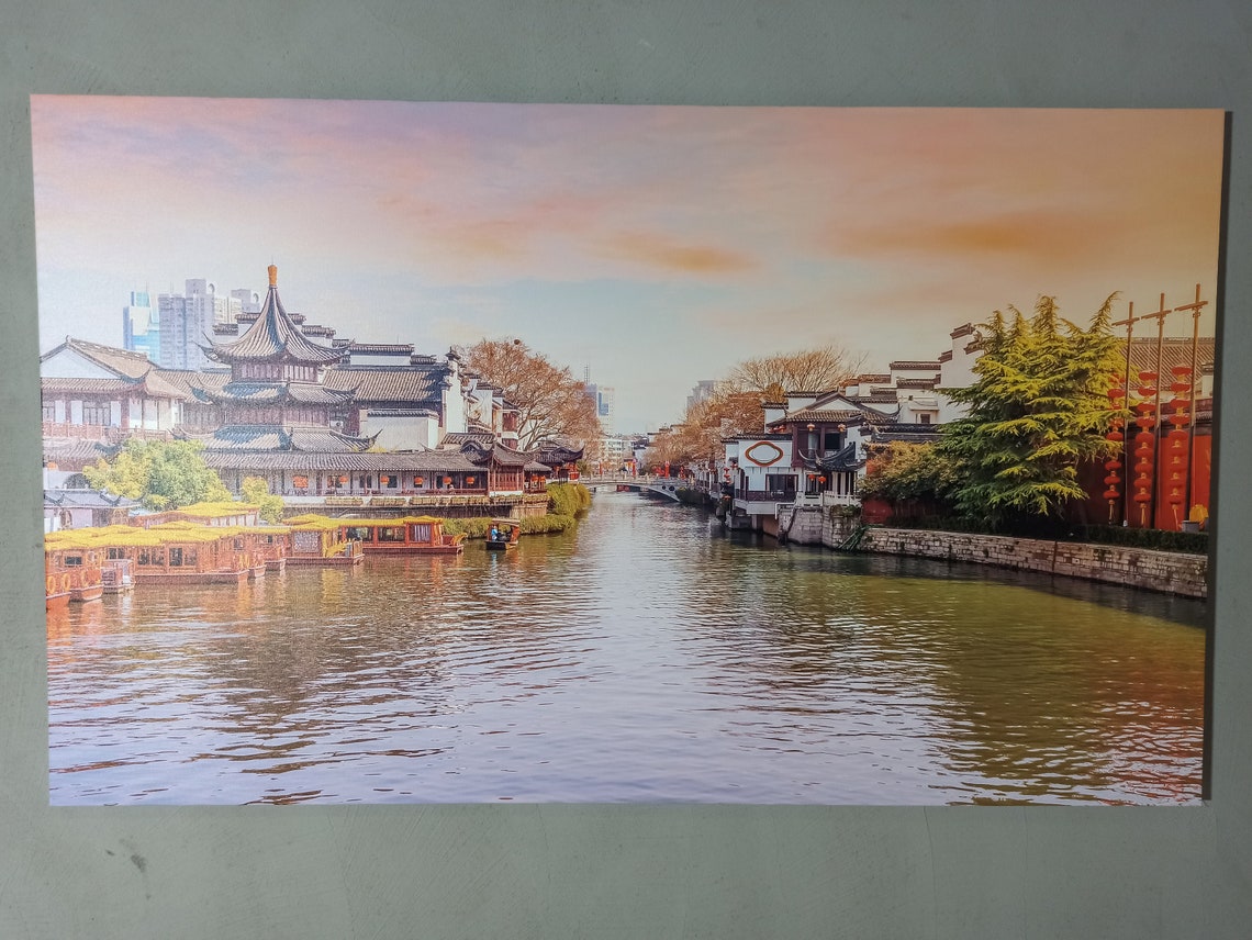 Chinese Canal Water Town Pagoda Roofs Sunset River View Wall Poster