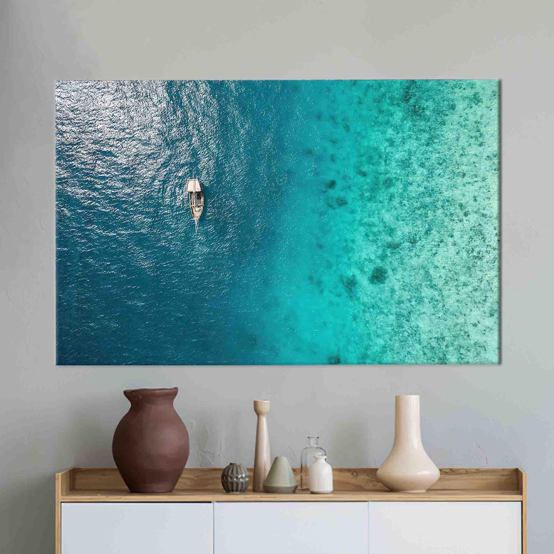 Aerial Sailboat on Turquoise Ocean Minimal Coastal Scene Poster