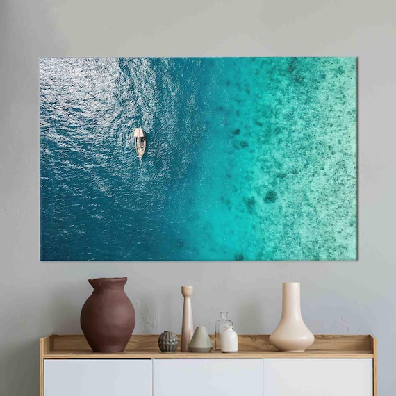 Aerial Sailboat on Turquoise Ocean Minimal Coastal Scene Poster