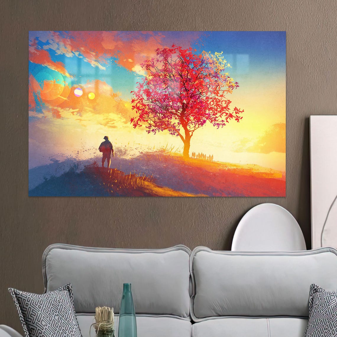 Lone Traveler Red Tree Hill Golden Sunset Dreamy Landscape Art Print