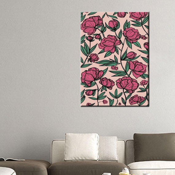 Pink Peony Pattern Illustrated Floral Wallpaper Style Canvas Art Poster