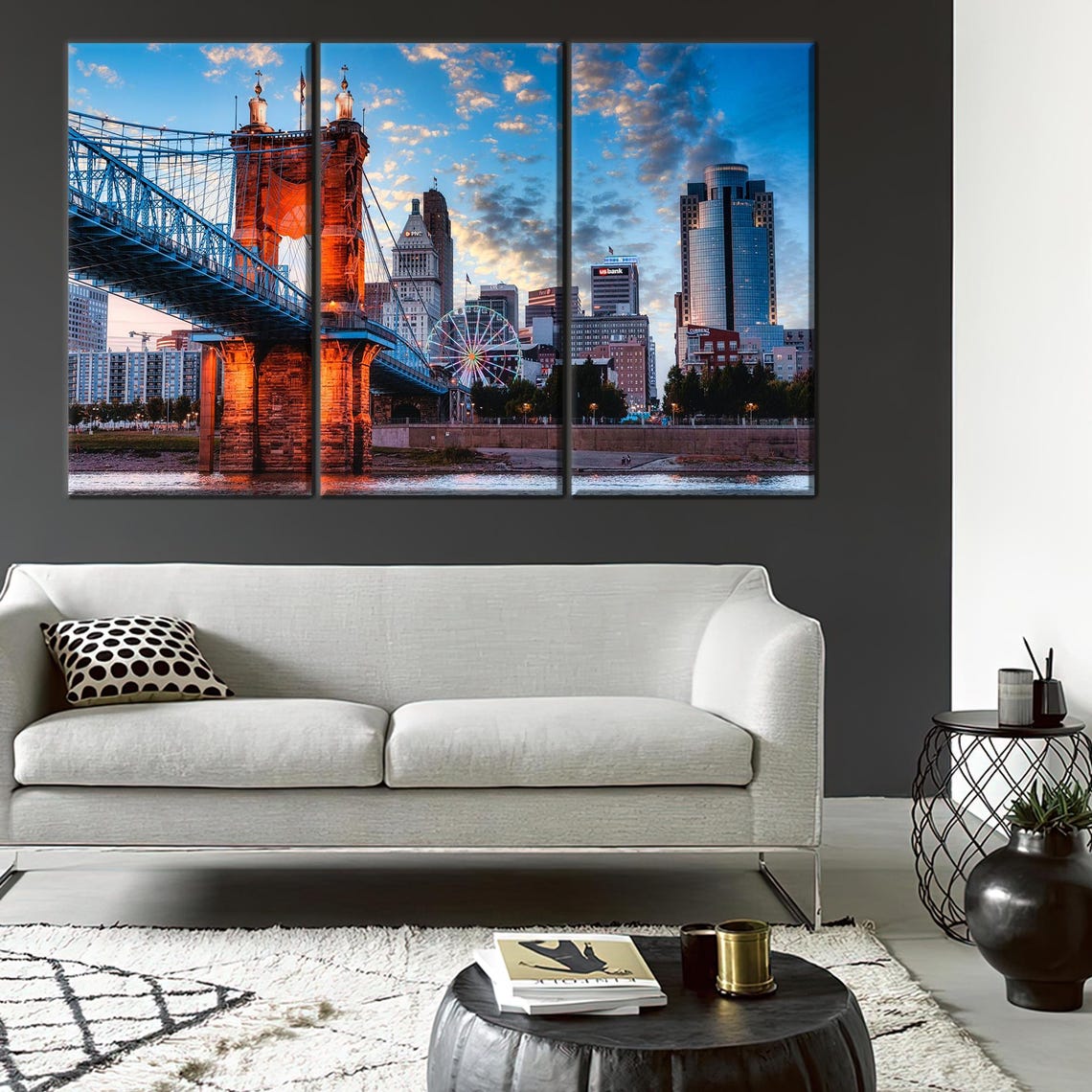 Cincinnati Ohio Skyline Triptych Roebling Bridge At Sunset Poster