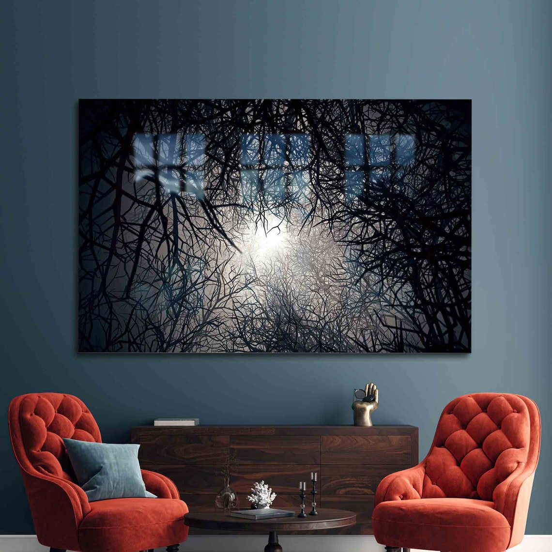 Moon Through Bare Tree Branches Night Sky Dark Moody Wall Art