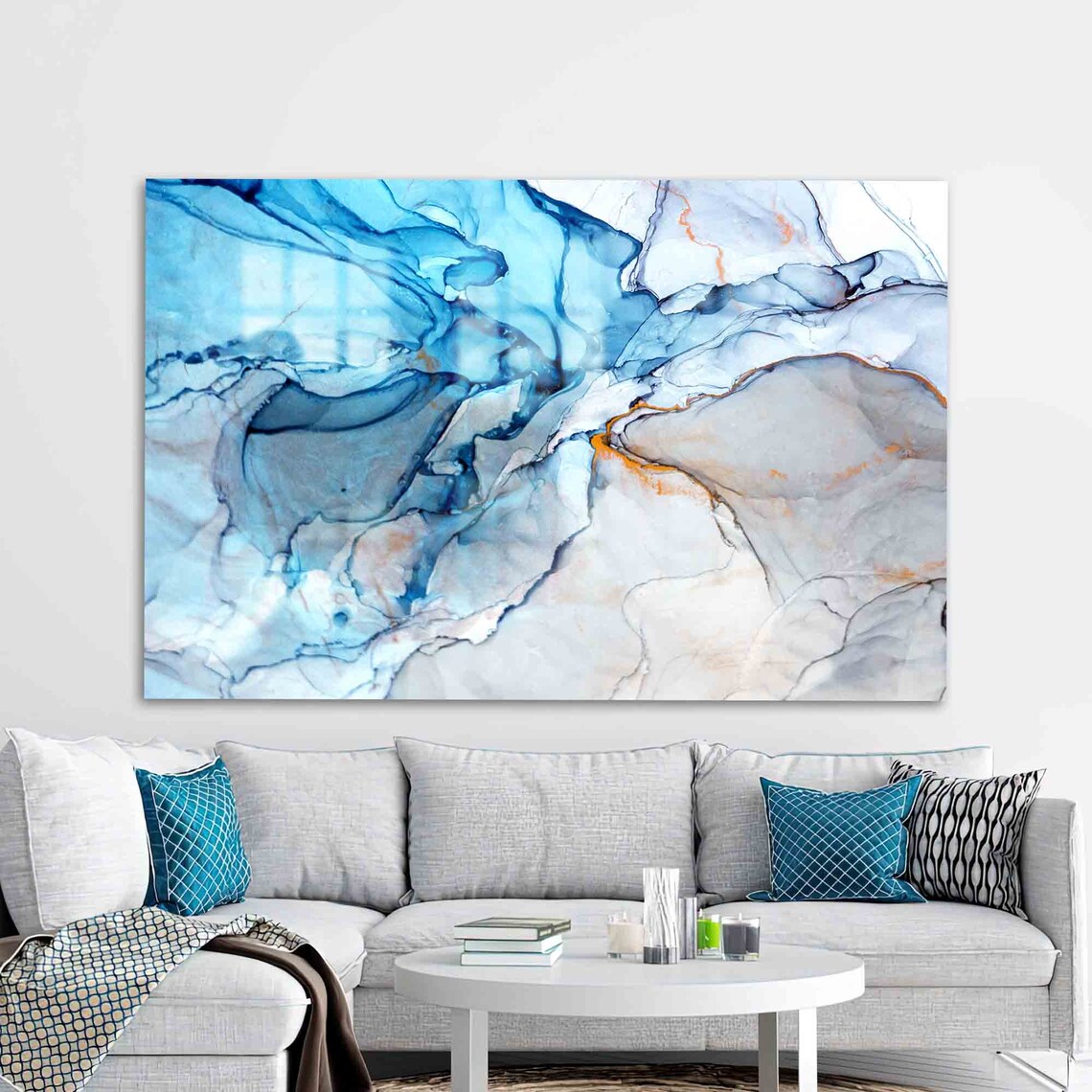 Glass Printing Wall Decor Mural Art Gold Blue Tempered