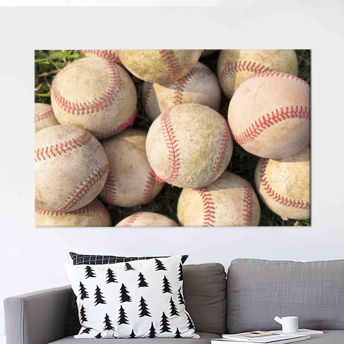 Pile of Vintage Worn Baseballs on Grass Sports Photography Poster