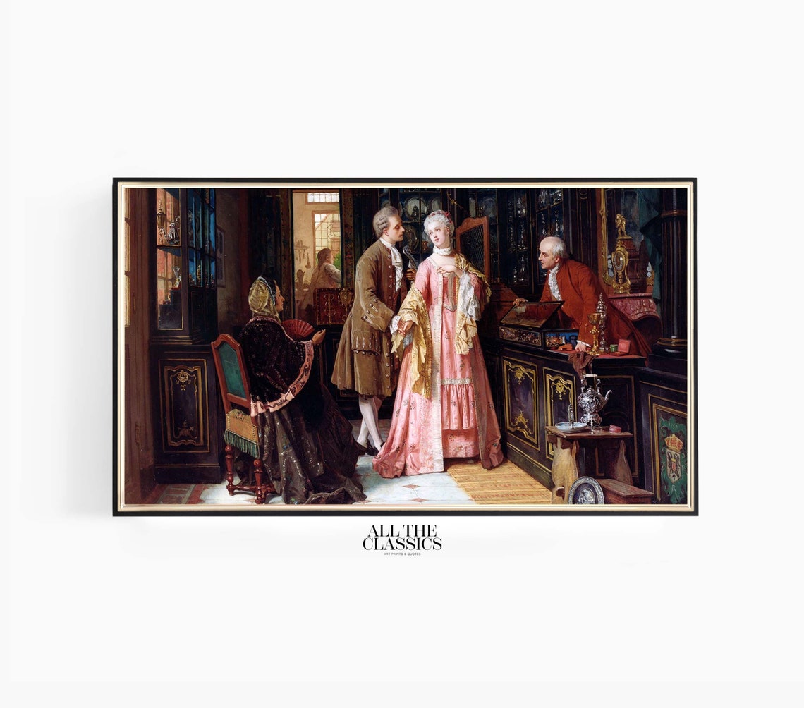 Elegant Couple in Antique Shop Classical Oil Painting Poster