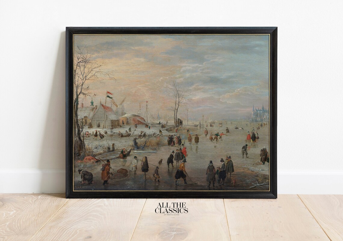 Winter Village Ice Skating Frozen Lake Vintage Rural Scene Poster - Image 3