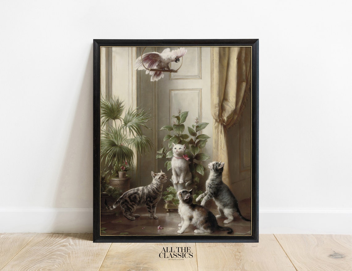 Four Kittens Watching a White Cockatoo Playful Vintage Poster - Image 3