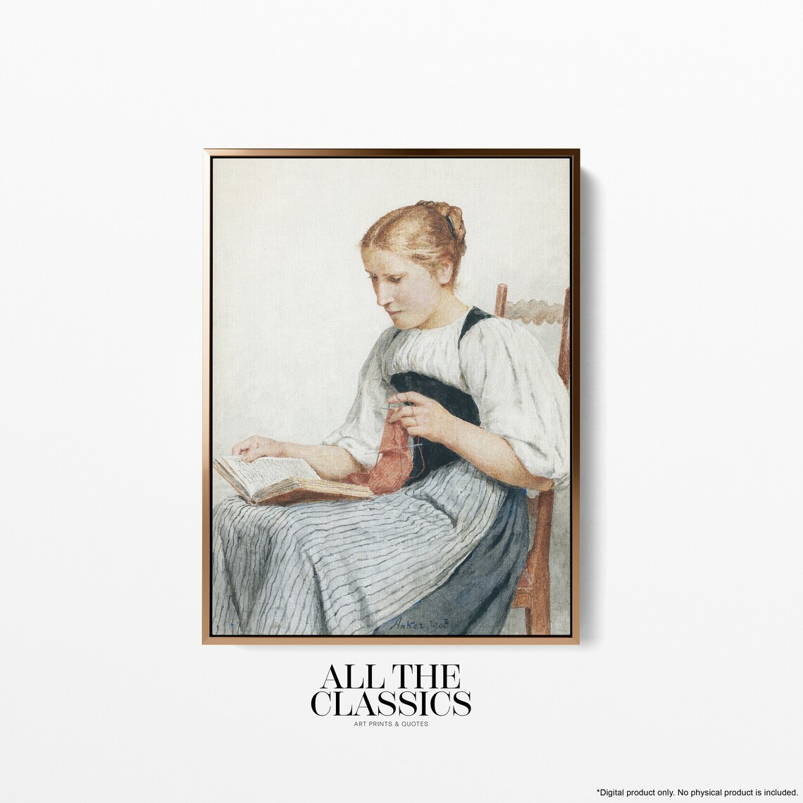 Woman Reading Knitting Book Vintage Academic Portrait Painting Print