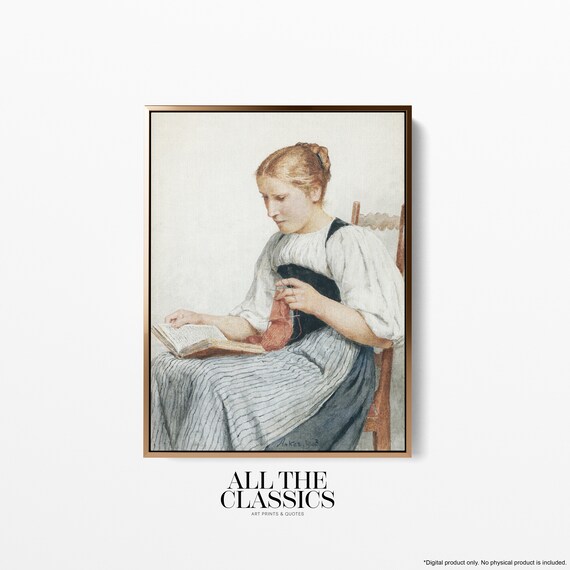 Woman Reading Knitting Book Vintage Academic Portrait Painting Print
