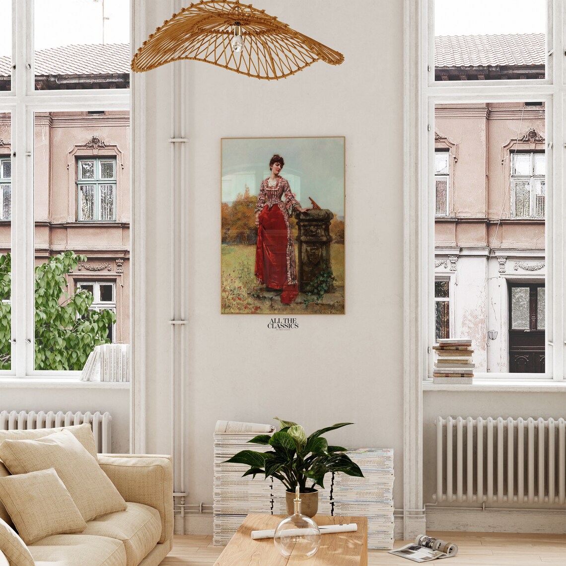Victorian Lady Red Gown Garden Sundial Classic Portrait Wall Art - Image 2
