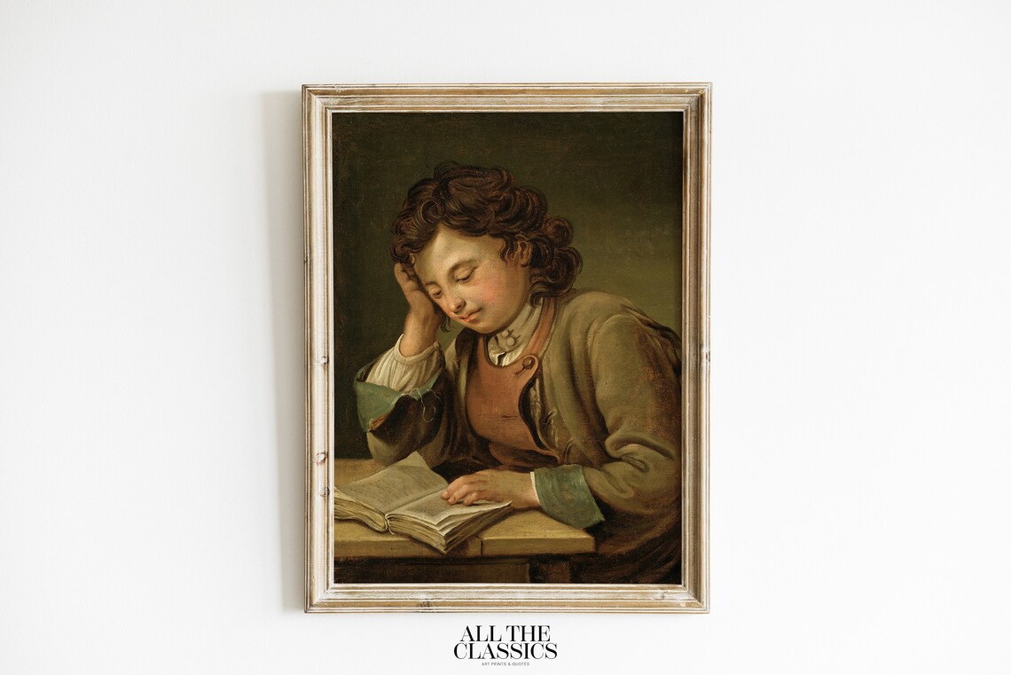 Boy Reading Open Book Baroque Vintage Male Portrait Painting Print