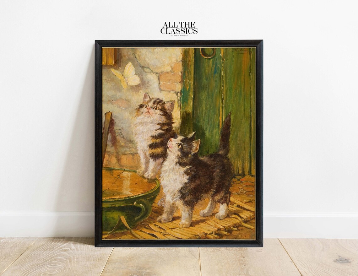 Two Fluffy Kittens Watching Butterfly Vintage Oil Painting Poster - Image 3