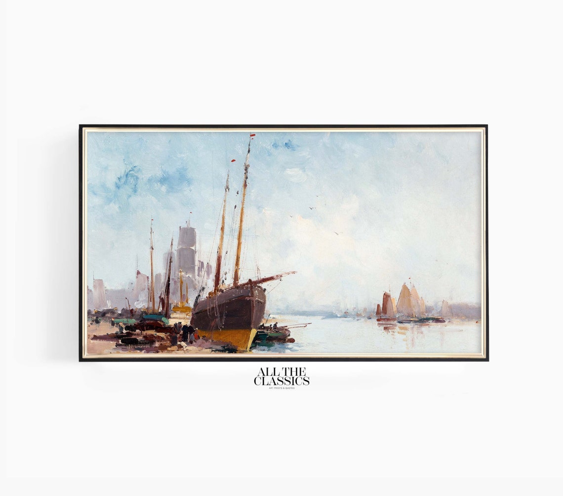 Tall Sailing Ships in a Misty Harbor Soft Blue Pastel Vintage Poster
