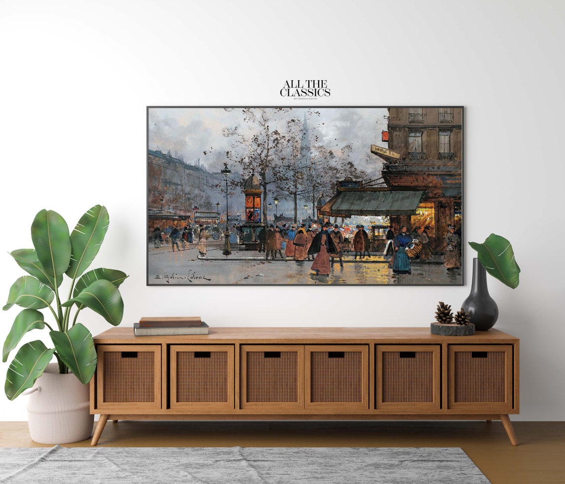 Rainy Paris Street Scene With Umbrella Crowds Vintage City Poster - Image 2