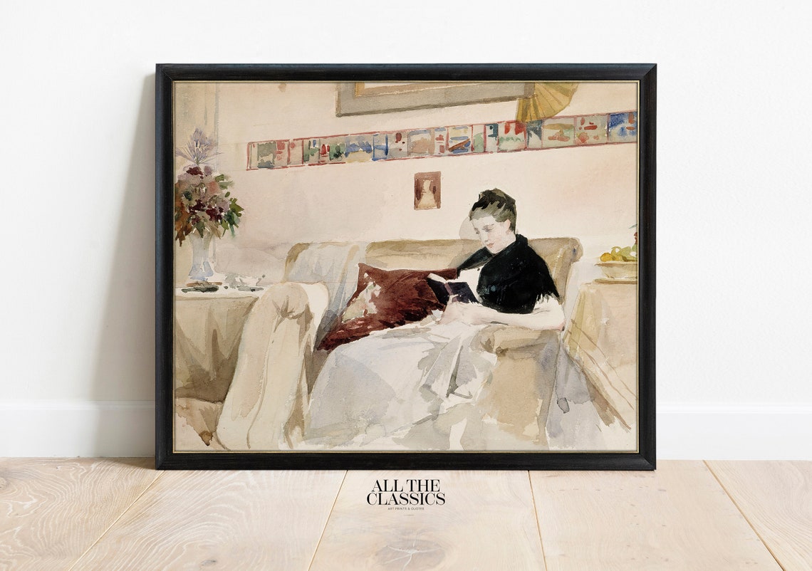 Woman Reading on Chaise Lounge Watercolor Cozy Interior Poster - Image 3