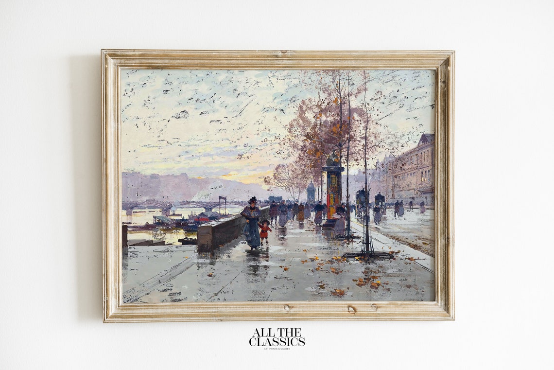Rainy Autumn Riverside Boulevard Impressionist Painting Poster